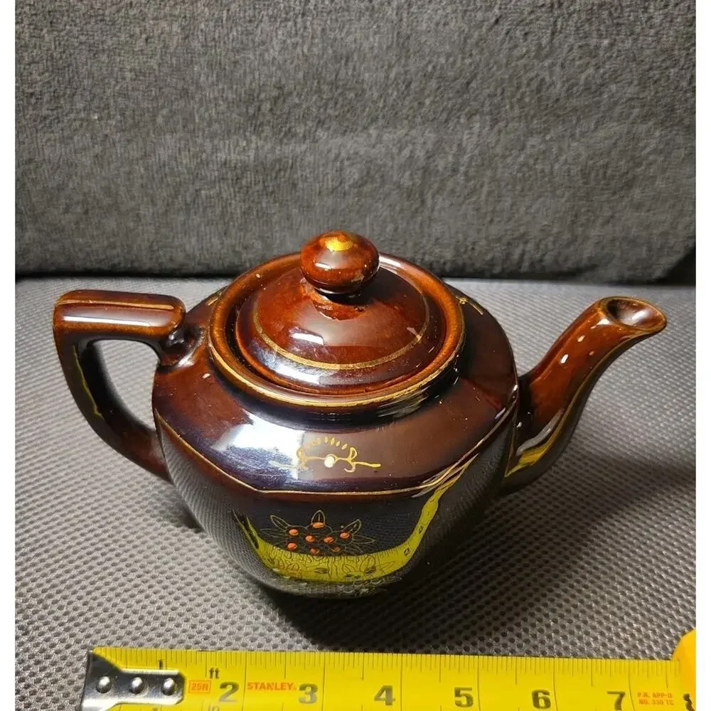 Vintage Brown Betty Redware Teapot Moriage Enamel Hand Painted Japan GUC MCM